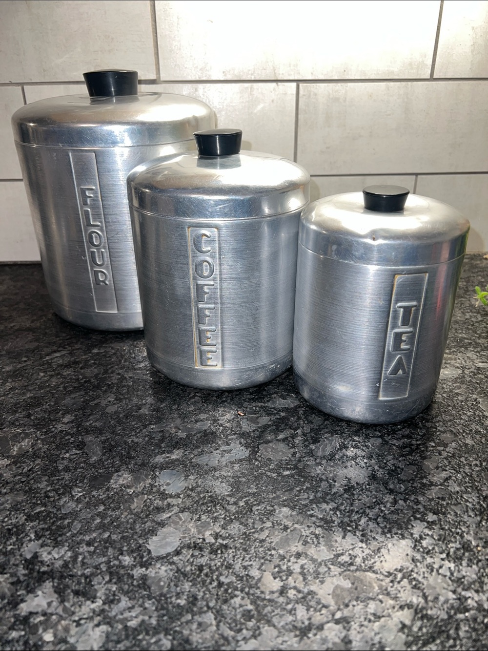 Vintage Aluminum Flour, Coffee & Tea Canister Set with free vintage scoop